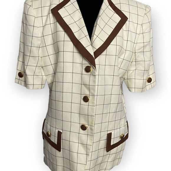 Vintage Kasper  ASL Womens Brown Cream Blazer Blouse Size Large Grid Print Top - Picture 4 of 11